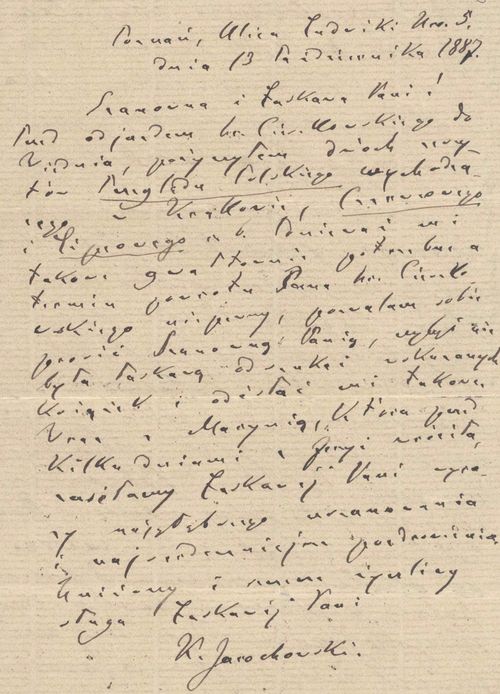 list z 13 października 1887 r., napisany własnoręcznie przez K. Jarochowskigo do Klary Dembińskiej.